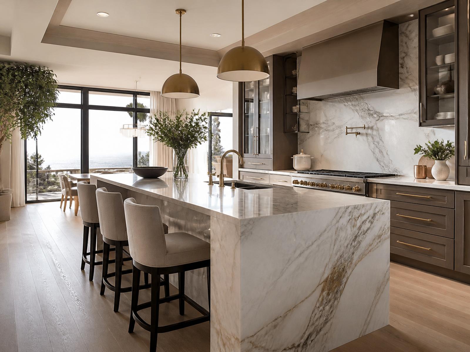 Luxury marble kitchen with brass fixtures