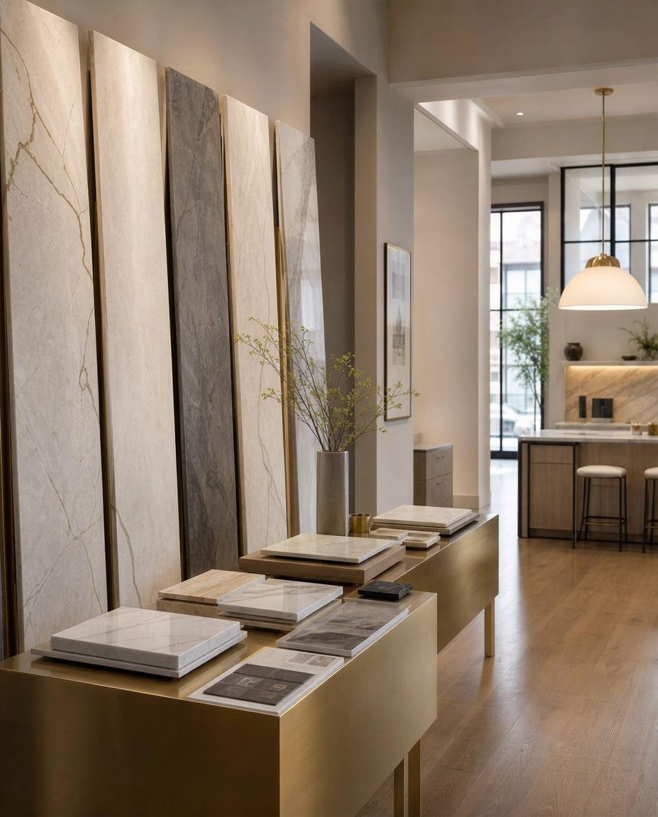 D&R showroom with marble slabs and surface samples